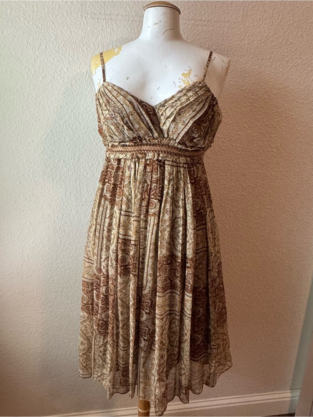 Nicole miller Beige and Brown silk babydoll Midi Dress